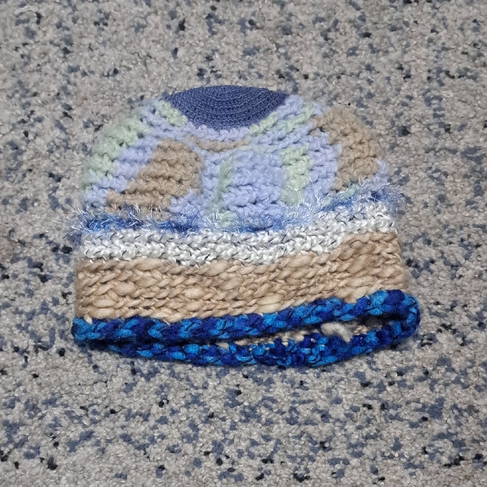 Stylish Knit Beanie in Blue and Tan